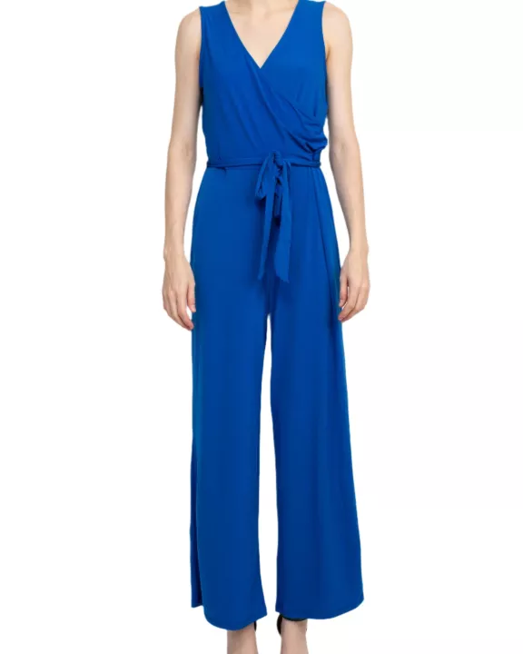 Nina Leonard V-Neck Back Zipper Sleeveless Front Tie Waist Jersey Jumpsuit