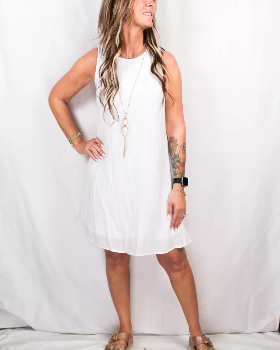 LB9844-W - White - Tie Neck dress with Ruffle Sleeve A2558