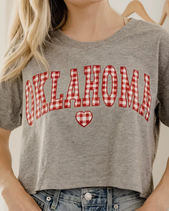OU Sooners Gingham Heart Gray Cropped Tee