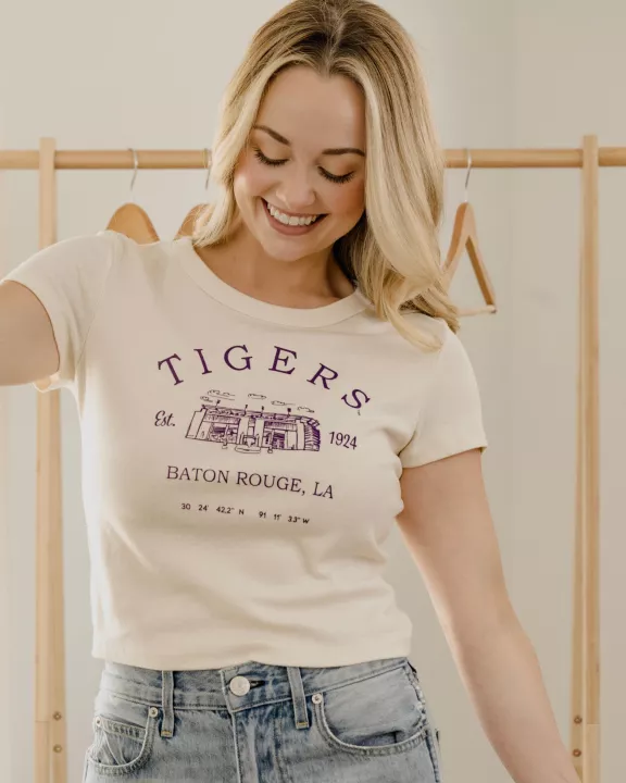 LSU Tigers Stadium Coordinates Off White Micro Cropped Tee