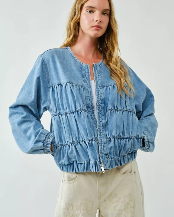 MAJ3287 RUCHED SEAM DENIM BOMBER JACKET