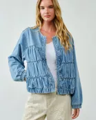 MAJ3287 RUCHED SEAM DENIM BOMBER JACKET