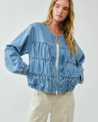 MAJ3287 RUCHED SEAM DENIM BOMBER JACKET