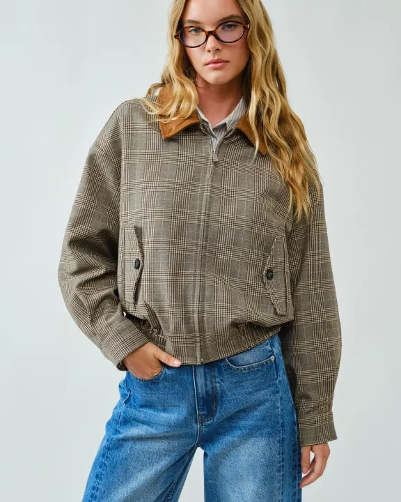 MAJ3322 CLASSIC PLAID BOMBER COLLAR JACKET