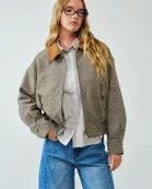 MAJ3322 CLASSIC PLAID BOMBER COLLAR JACKET