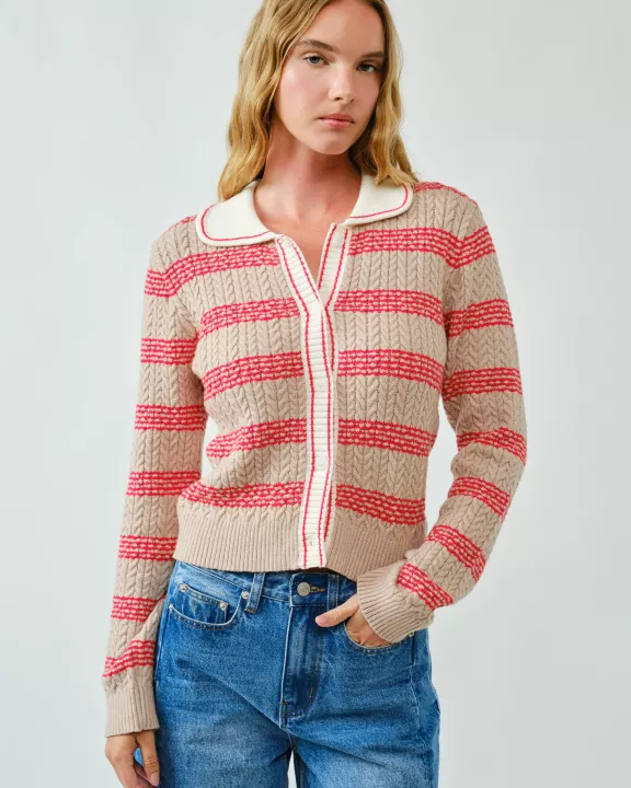 AJT5145 SOFT CABLE STRIPE POLO CARDIGAN