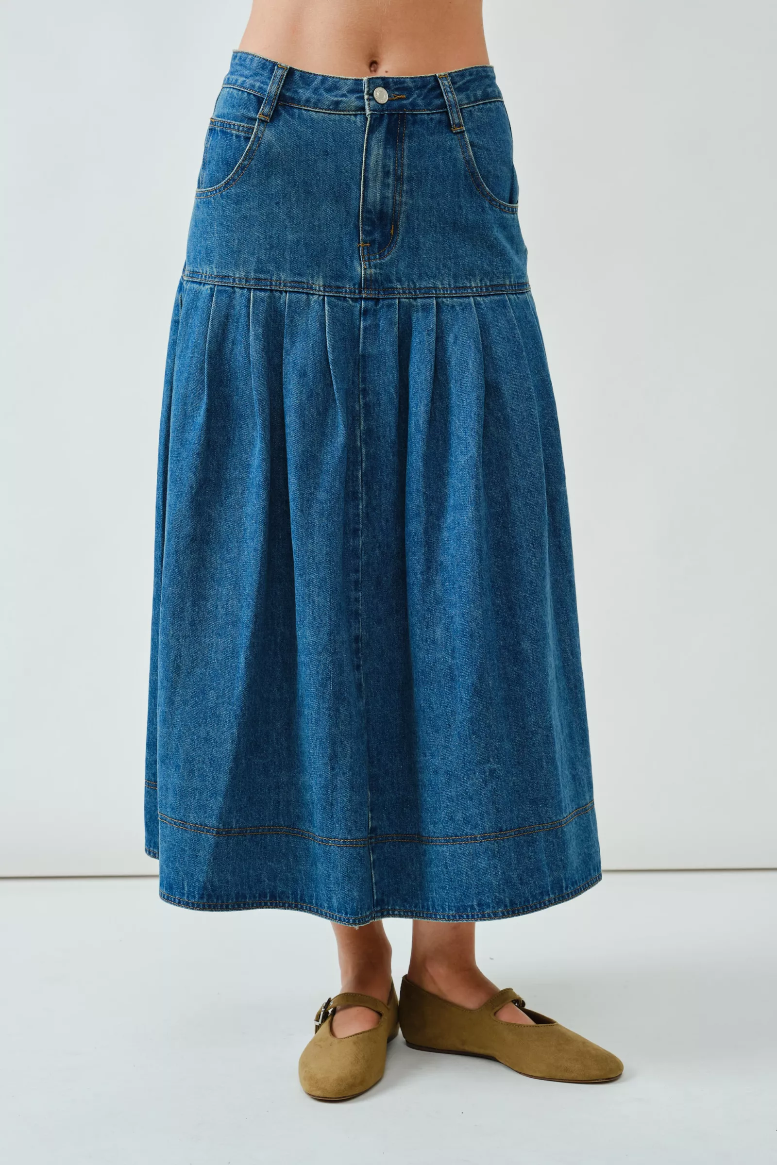 AJS5040 PLEATED BASQUE-WAIST DENIM MIDI SKIRT