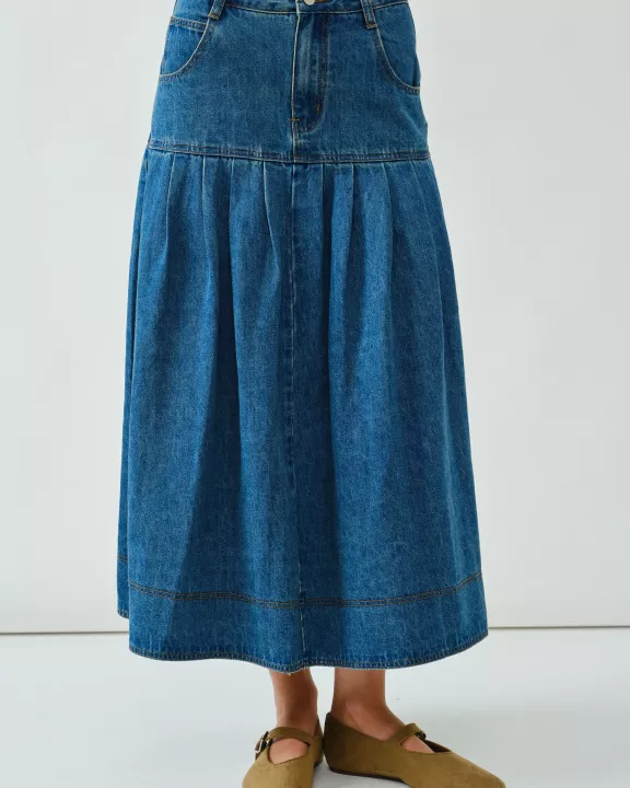 AJS5040 PLEATED BASQUE-WAIST DENIM MIDI SKIRT