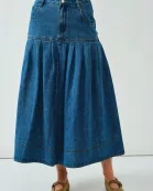 AJS5040 PLEATED BASQUE-WAIST DENIM MIDI SKIRT