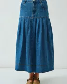 AJS5040 PLEATED BASQUE-WAIST DENIM MIDI SKIRT