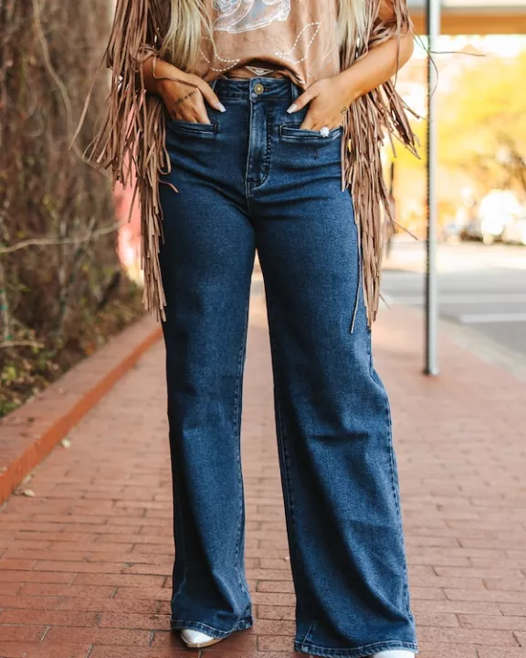 Plus Size Dark Wash High Rise Front Pocket Detail Wide Leg Jeans (32in)