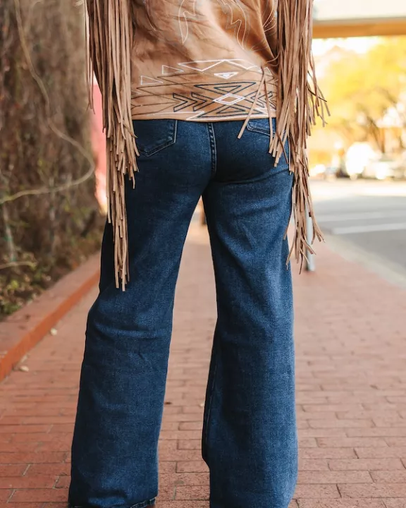 Plus Size Dark Wash High Rise Front Pocket Detail Wide Leg Jeans (32in)
