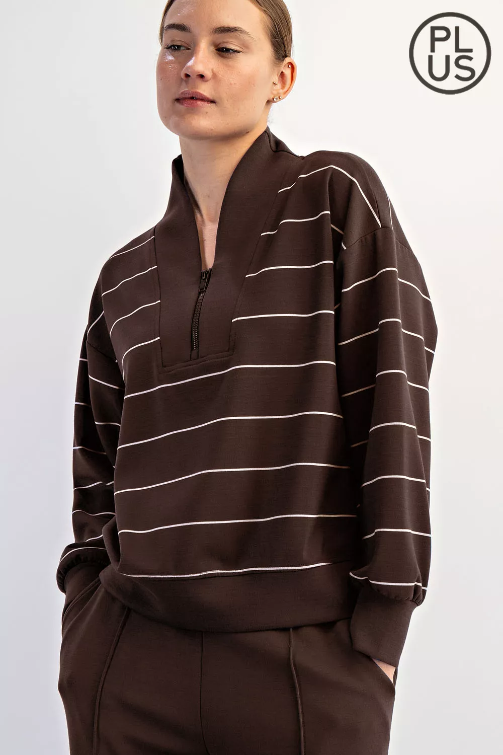 PLUS SIZE MODAL SCUBA STRIPE V-NECK JACKET