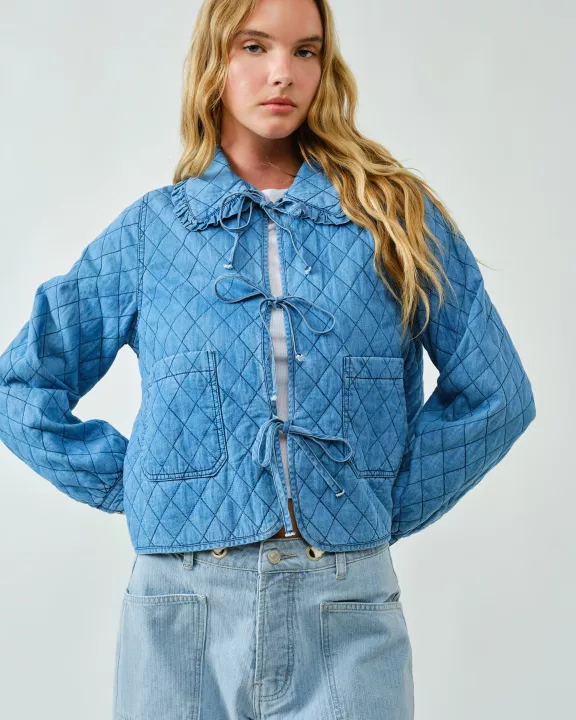 MAJ2877 PETER PAN COLLAR DENIM QUILTED JACKET WITH BOW