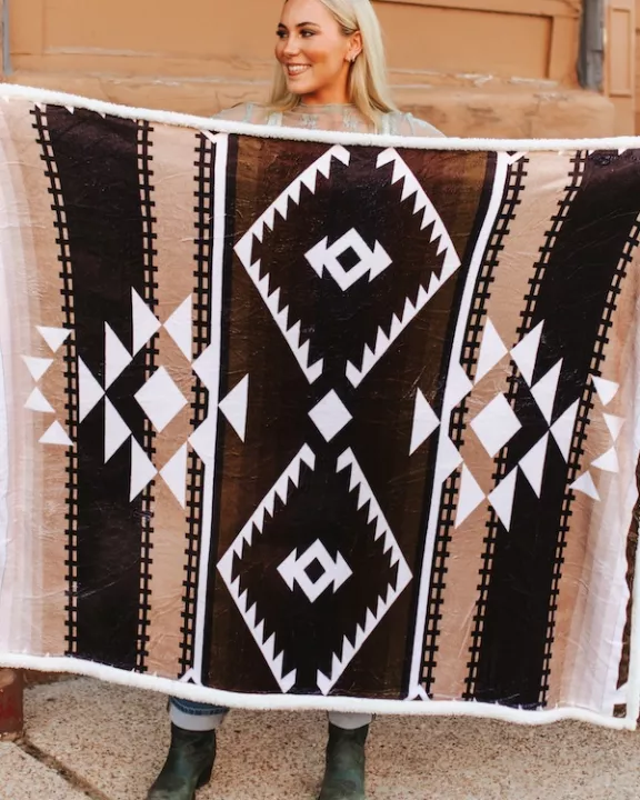 Brown Ivory Aztec Printed Ivory Sherpa Blanket