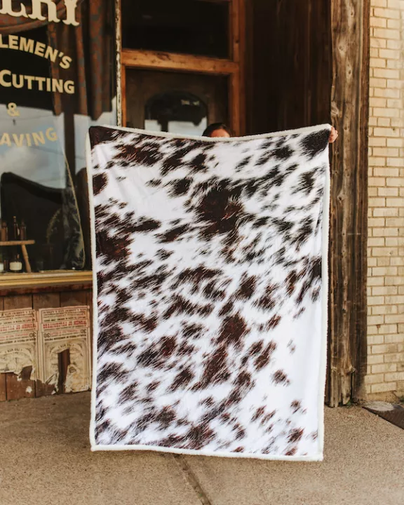 Brown Cow Printed Ivory Sherpa Blanket