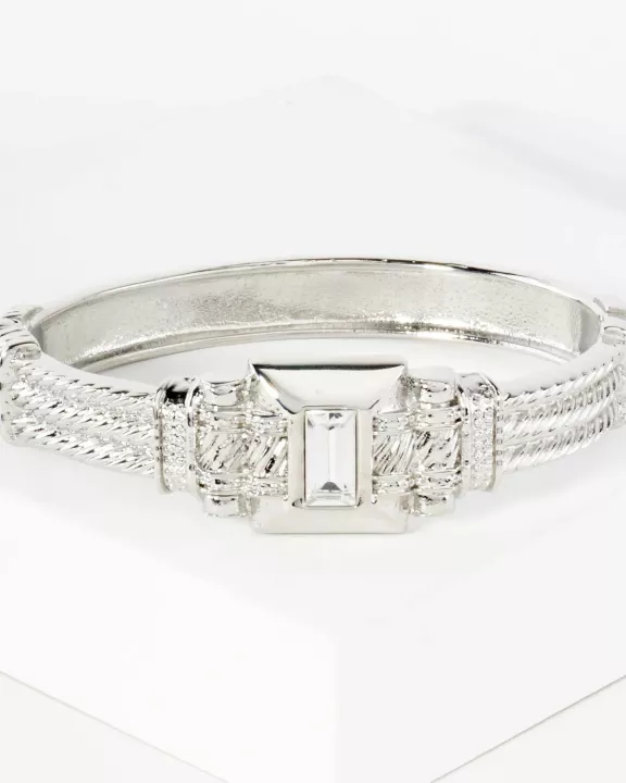 Square-Cut Rhinestone Accent Metal Cuff Bracelet