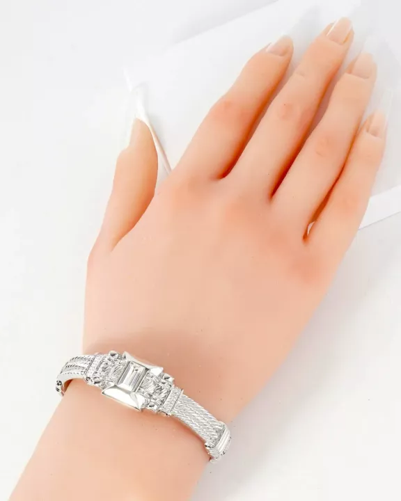 Square-Cut Rhinestone Accent Metal Cuff Bracelet