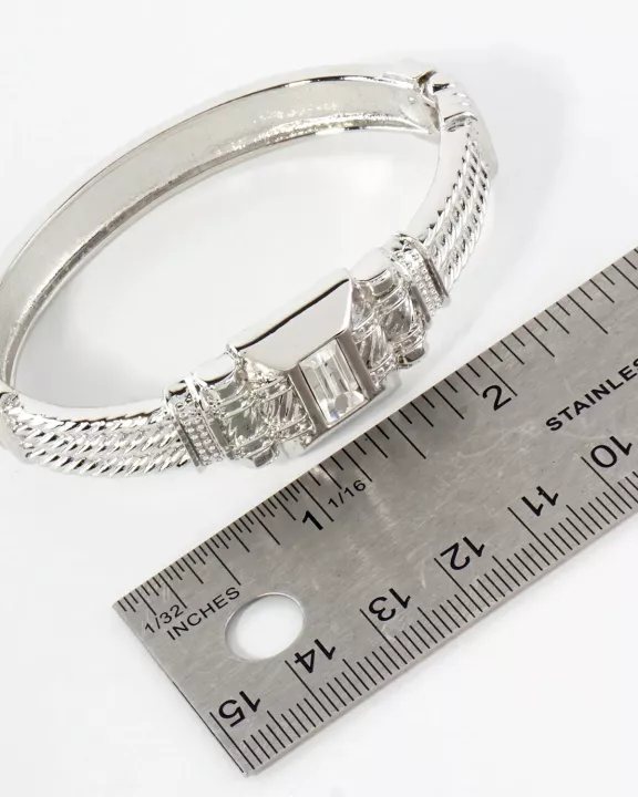 Square-Cut Rhinestone Accent Metal Cuff Bracelet