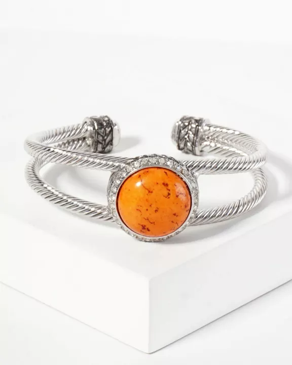 Crystal-Pave Round-Shaped 18mm Semi-Precious Natural-Stone Open Cuff Bracelet