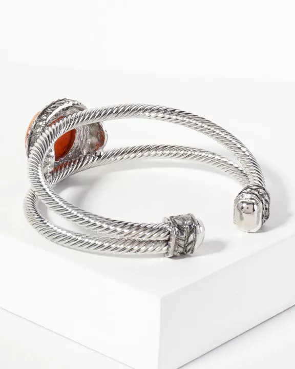 Crystal-Pave Round-Shaped 18mm Semi-Precious Natural-Stone Open Cuff Bracelet