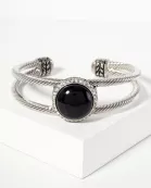 Crystal-Pave Round-Shaped 18mm Semi-Precious Natural-Stone Open Cuff Bracelet
