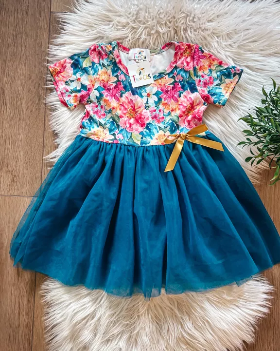 Teal Autumn Blooms Tulle Dress by TwoCan