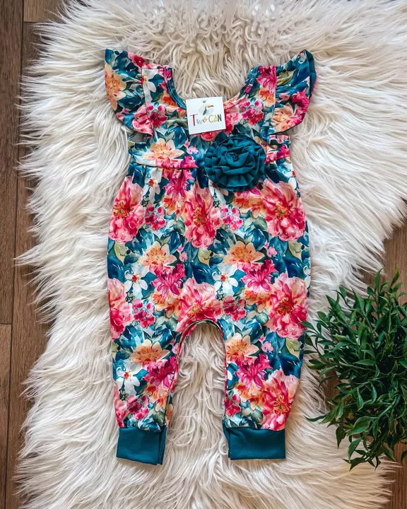 Teal Autumn Blooms Infant romper by two can
