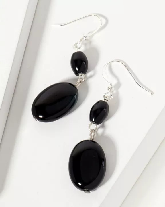Oval-Shaped Onyx Semi-Precious Natural-Stone Drop Earrings
