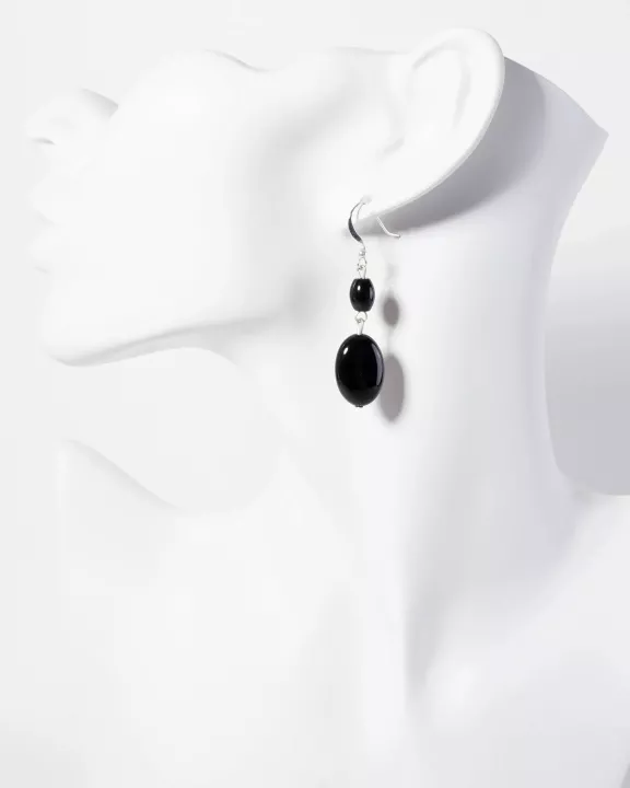 Oval-Shaped Onyx Semi-Precious Natural-Stone Drop Earrings