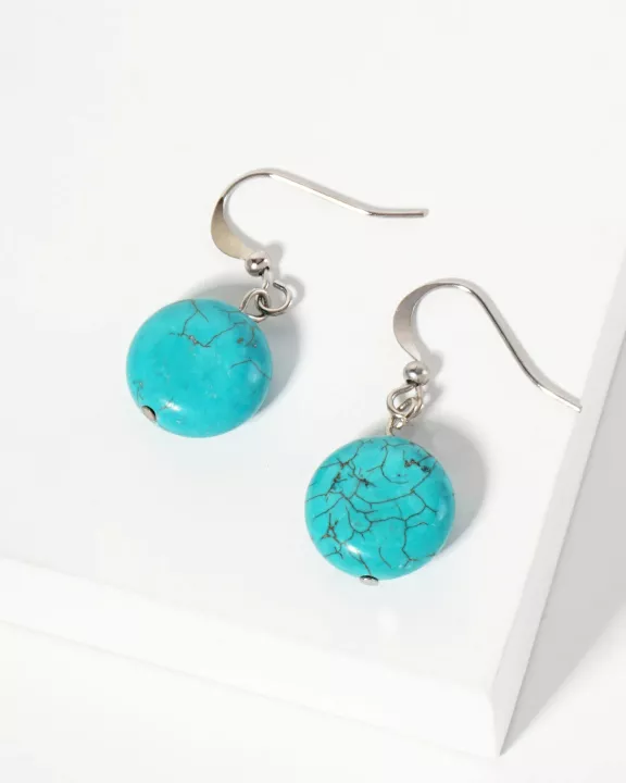 12mm Round-Shaped Semi-Precious Natural-Stone Turquoise Dangle Drop Earrings