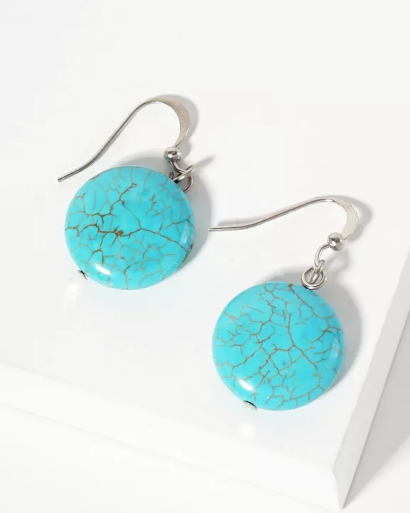 16mm Round-Shaped Semi-Precious Natural-Stone Turquoise Dangle Drop Earrings