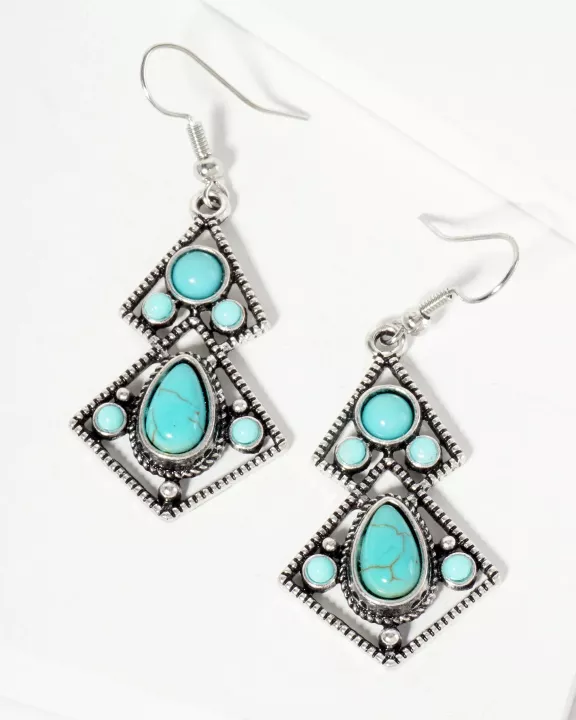 Vintage Semi-Precious Natural-Stone Geometric Bohemian Western Dangle Drop Earrings