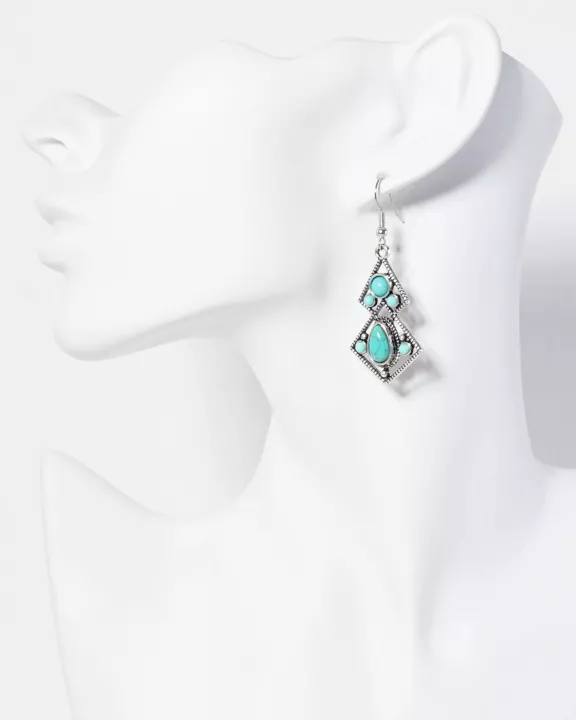 Vintage Semi-Precious Natural-Stone Geometric Bohemian Western Dangle Drop Earrings