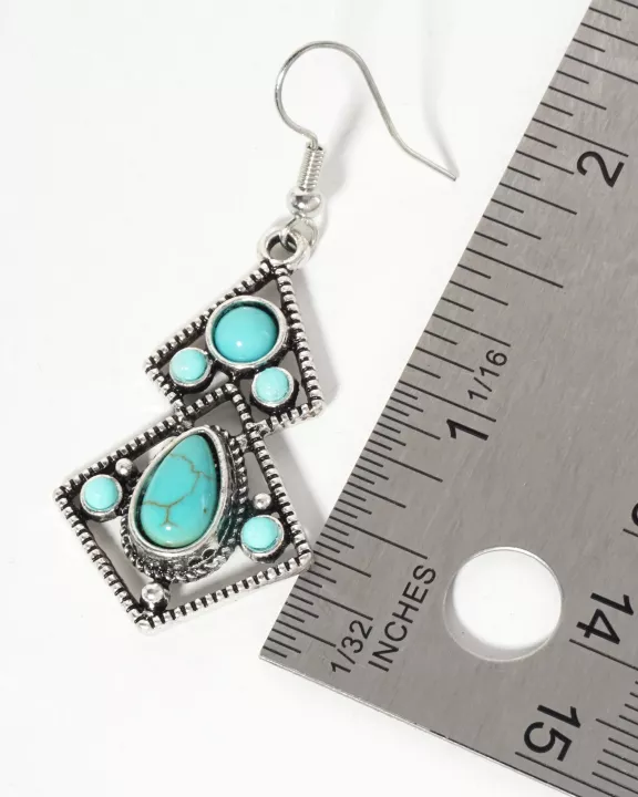 Vintage Semi-Precious Natural-Stone Geometric Bohemian Western Dangle Drop Earrings