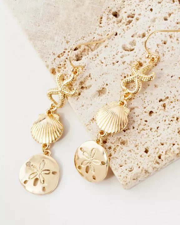 Metal Starfish Seashell Sand-Dollar Drop Sea-Life Dangle Earrings