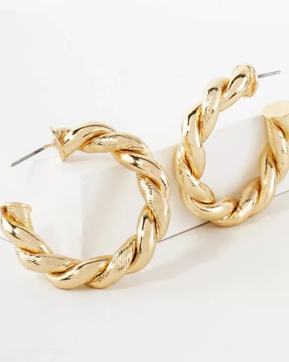 Polished Metal 35mm Twist Push-Back Hoop Earrings