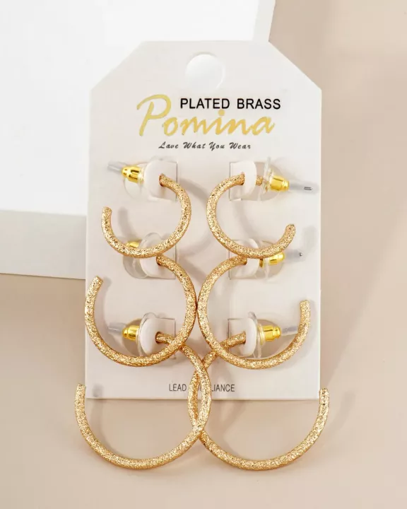 3PC-Set Sand-Texture 20-25-30mm Brass Push-Back Hoop Earrings