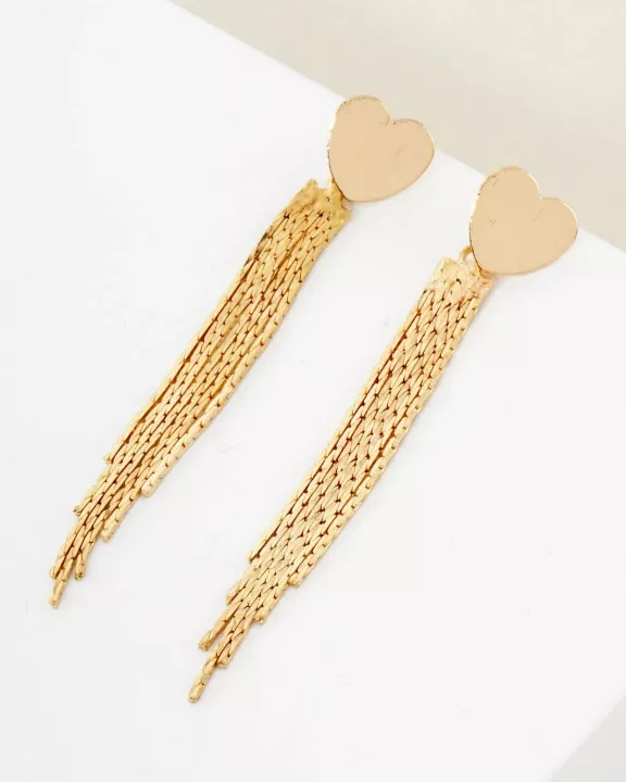 Brushed-Texture Heart Post Polished Chain Tassel Drop Earrings