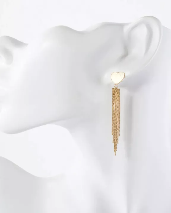 Brushed-Texture Heart Post Polished Chain Tassel Drop Earrings