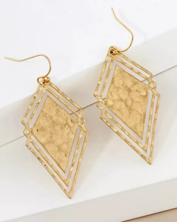 Hammered-Texture Overlapping Diamond Shape Geometric Dangle Drop Earrings