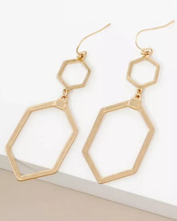 Brushed-Texture Metal Double Hexagon Drop Geometric Earrings