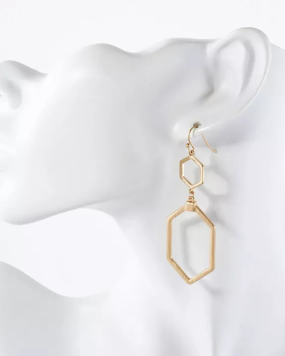 Brushed-Texture Metal Double Hexagon Drop Geometric Earrings