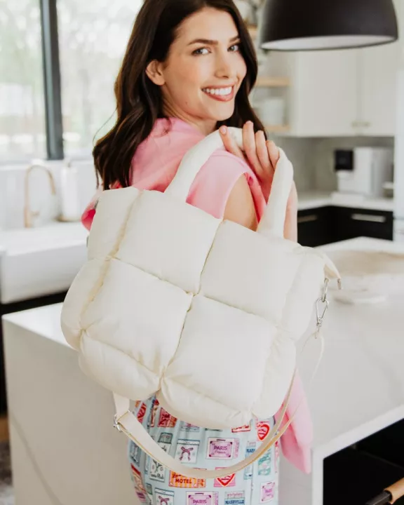 Cream Wholesale Mini Quilted Puffer Tote Bag