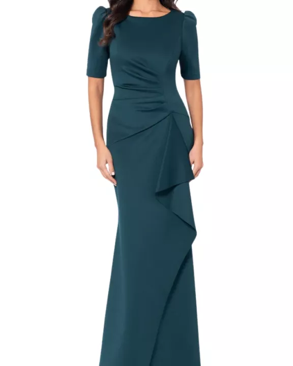 XScape Demi Boat Neckline Short Set-In Sleeves Back Zipper Side Ruffle Detail Long Dress