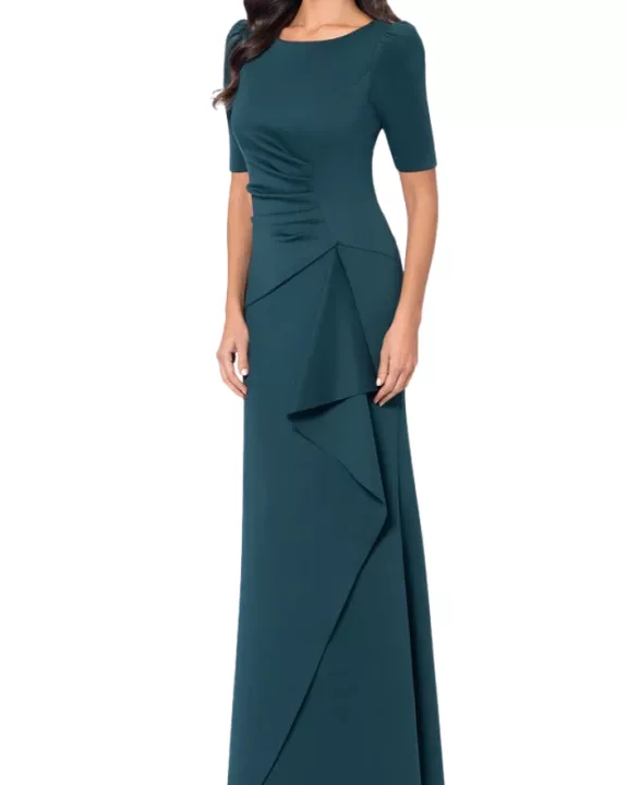 XScape Demi Boat Neckline Short Set-In Sleeves Back Zipper Side Ruffle Detail Long Dress