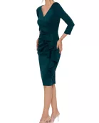 XScape Allie V-Neckline 3/4 Sleeves Back Zipper Side Ruffle Sheath Midi Dress