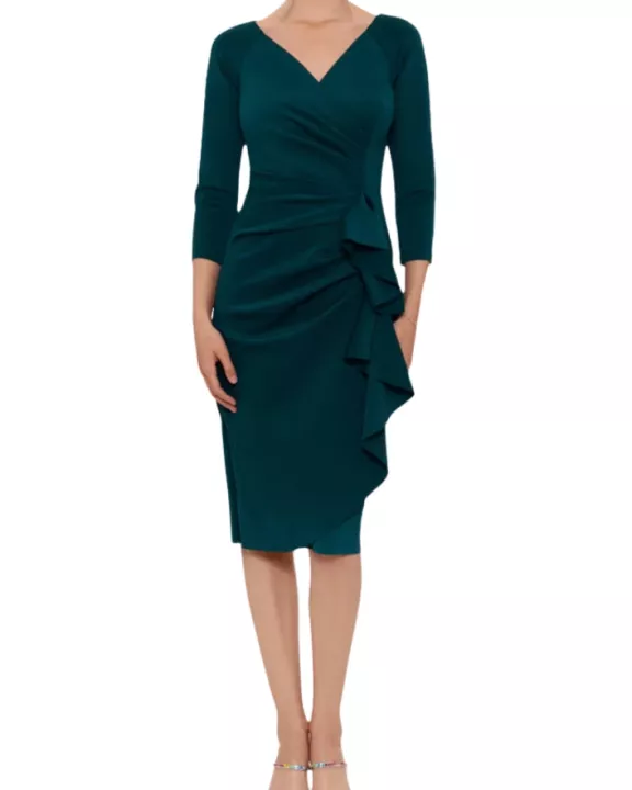 XScape Allie V-Neckline 3/4 Sleeves Back Zipper Side Ruffle Sheath Midi Dress