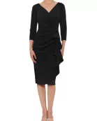 XScape Allie V-Neckline 3/4 Sleeves Back Zipper Side Ruffle Sheath Midi Dress