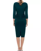 XScape Allie V-Neckline 3/4 Sleeves Back Zipper Side Ruffle Sheath Midi Dress